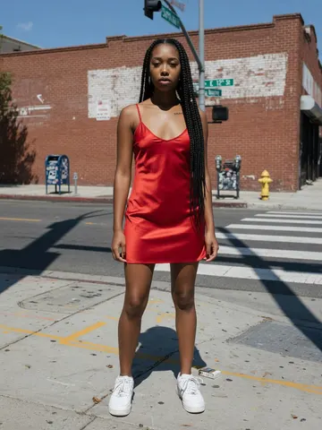 Left photo: a woman in a red dress